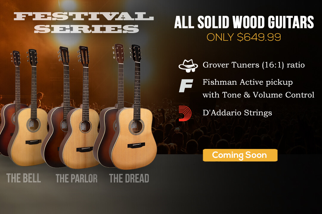 The New Festival Series GT Guitars include 16:1 Grover Tuners, A fishman active pickup system with tone and volume control, and factory D'addario strings